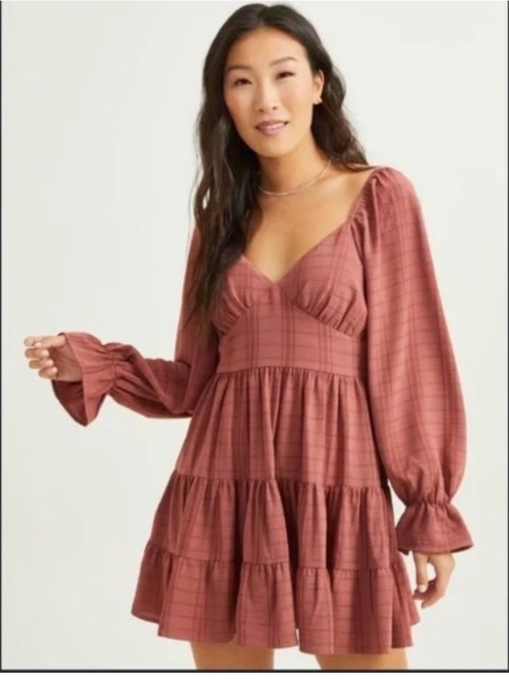 Altar’d State plaid tiered mini dress brick M